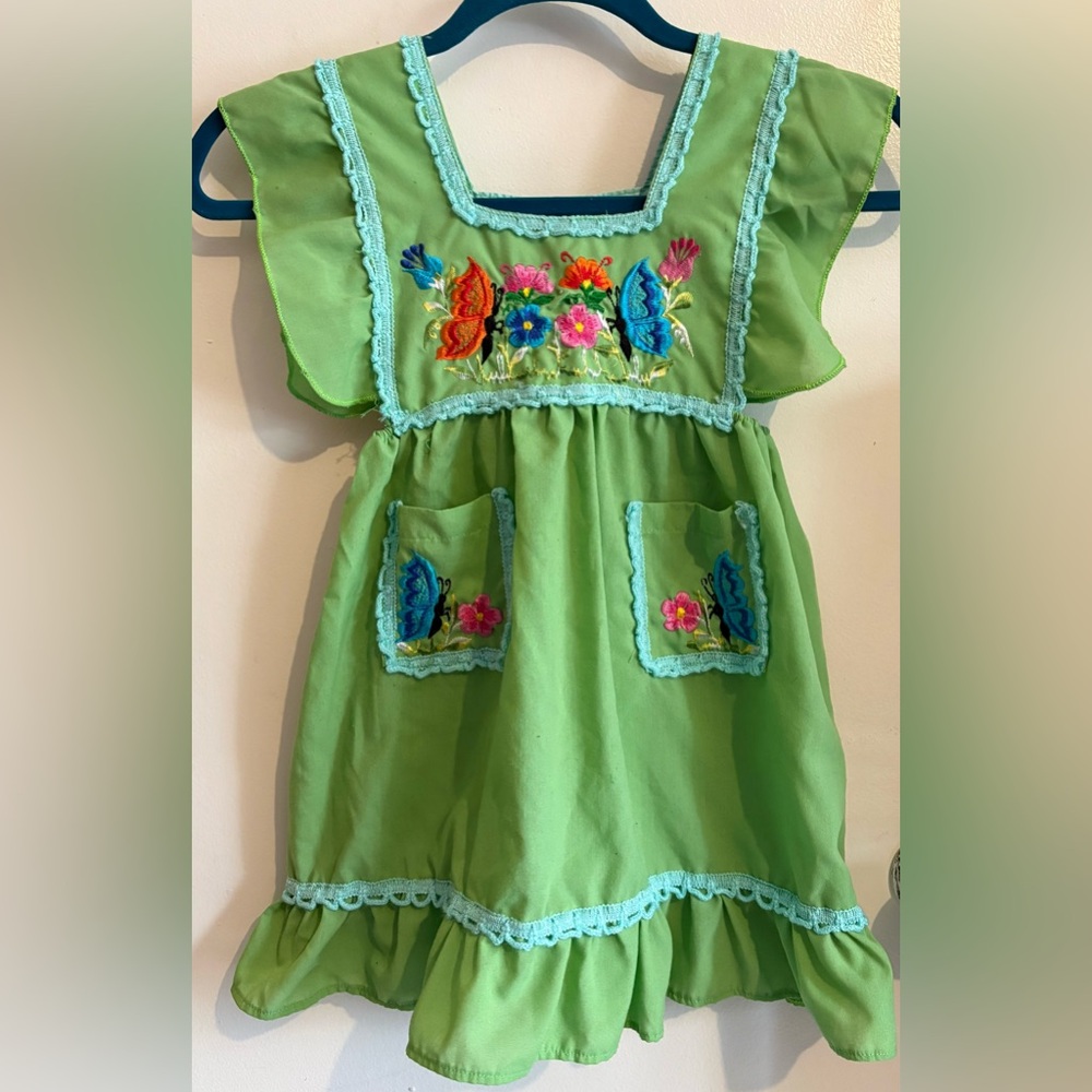 Vintage Girls Embroidered Peruvian Green Butterfly Dress Elastic on Sides